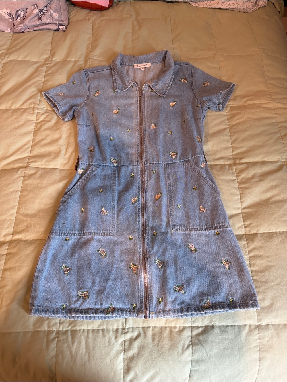 Francesca's Collections Light Blue Embroidered Denim Zip-Front Dress